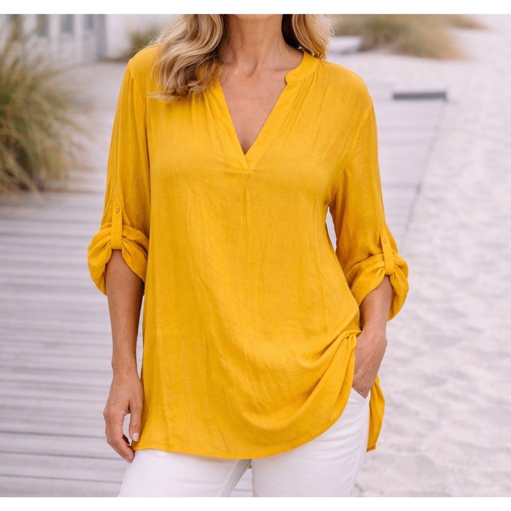 Monroe & Main 2X Tunic Yellow Crepe High Low Hem Roll Tab Sleeve V Neck NWT